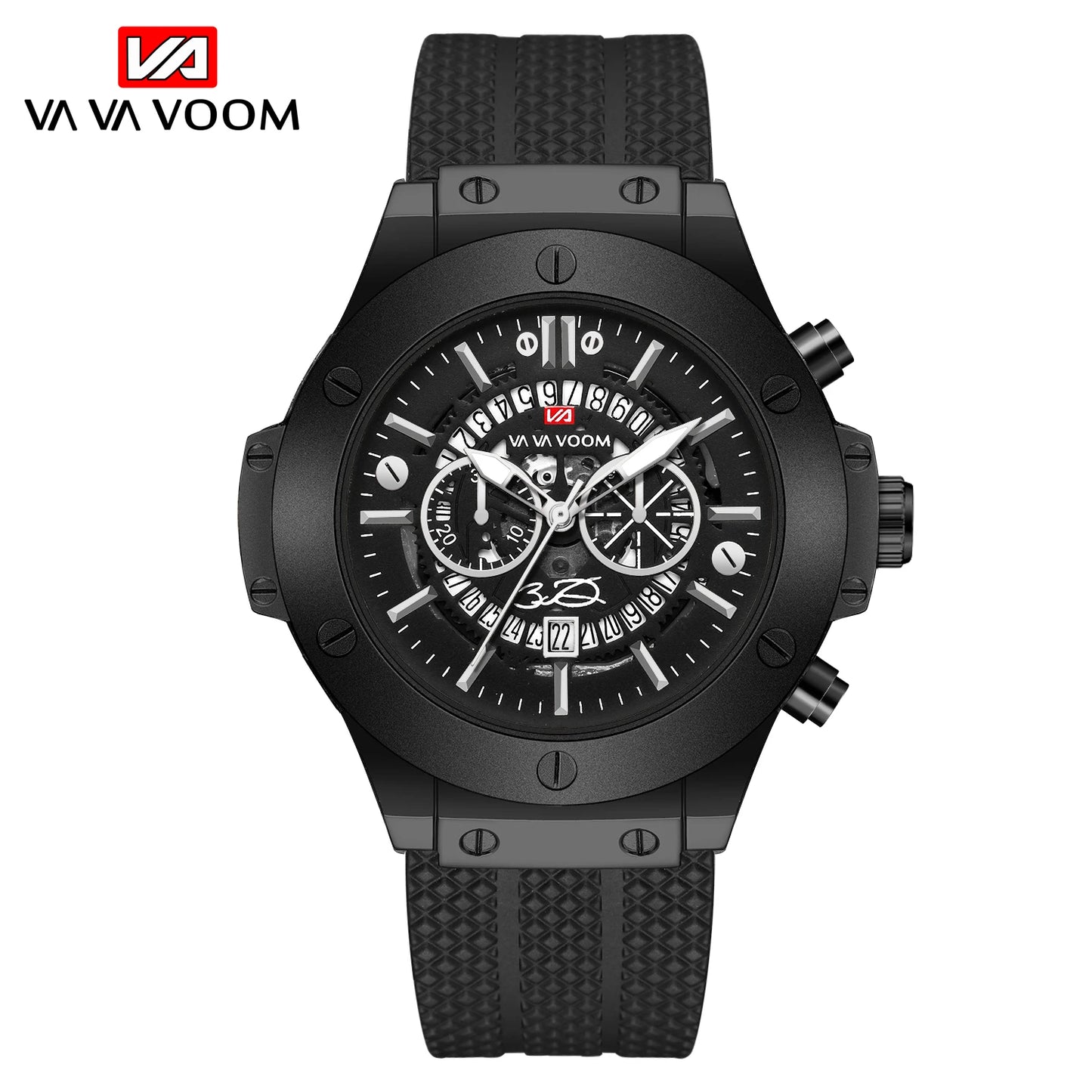 Black Silicone Mens Hand 46mm Hollowed Out Large Dial Rose Gold Fashionable Military Style Original Quartz Movement Sports Watch
