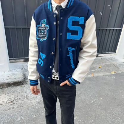Embroidery Baseball Jacket for Men Streetwear Varisity Jacket Splicing PU Leather Sleeves Women Bomber Jacket Unisex Men Clothes