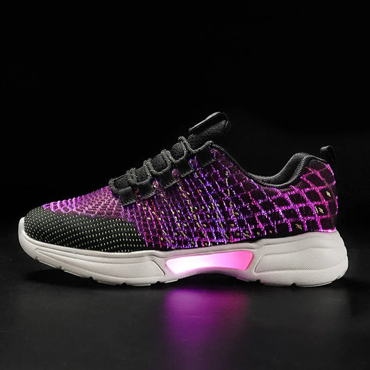 Men Fashion LED Shoes Light Up Sneakers USB Recharging Fiber OPTIC Cloth Elastic Sole Glowing Luminous Flashing Casual Shoes