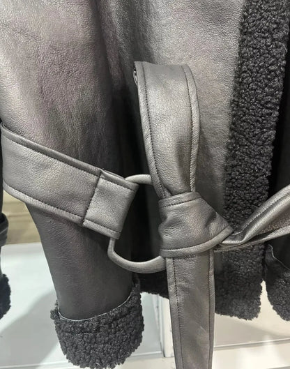 Faux Fur Leather Long Jacket Women Lapel Long Sleeve Belt Thicken Female Coats Winter Fashion Street Patchwork Lady Outwear