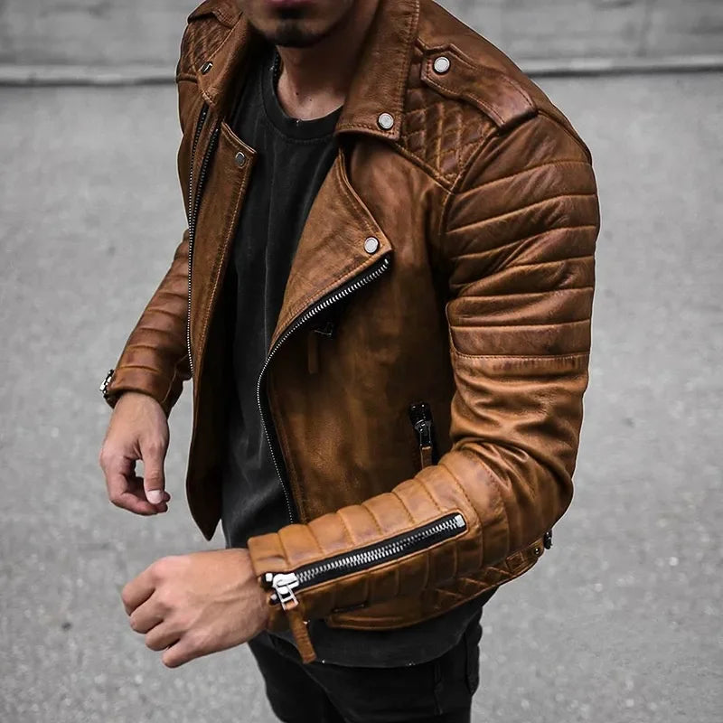 Fashion Leather Coat Men Spring Autumn  Slim Lapel Locomotive Men Leather Jacket Solid Color Long Sleeve PU Brown Leather Jacket
