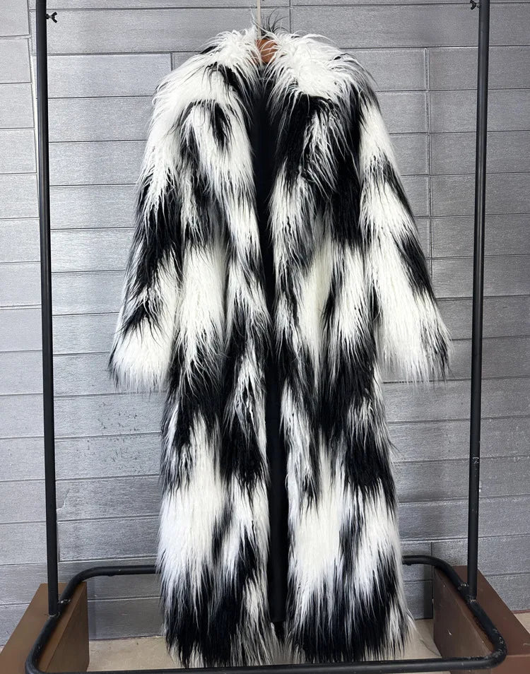 DEAT 2025 Winter New Items Imitation Colorful Long Coat For Women Faux Fur Suit Collar Long Sleeve Trench Jacket Female 11A05577