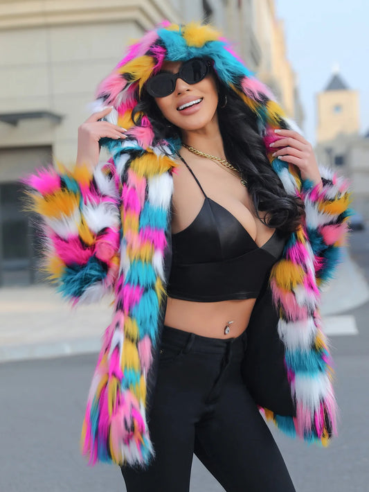 Women's Bold Warm Faux Fur Jacket Thicken Hooded Hidden Button Casual Loose Soft Color Blocking Outwear Winter Chic  Coat