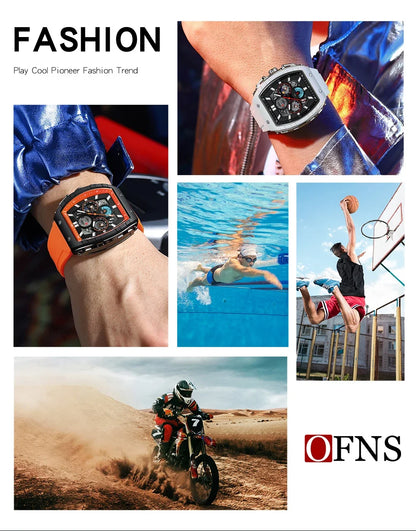 OFNS Fashion Quartz Watches for Man Luminous Waterproof Chronograph Calendar Silicone Strap Outdoor Luxury Sports Men Watch