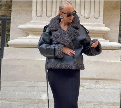 Faux Fur Leather Long Jacket Women Lapel Long Sleeve Belt Thicken Female Coats Winter Fashion Street Patchwork Lady Outwear