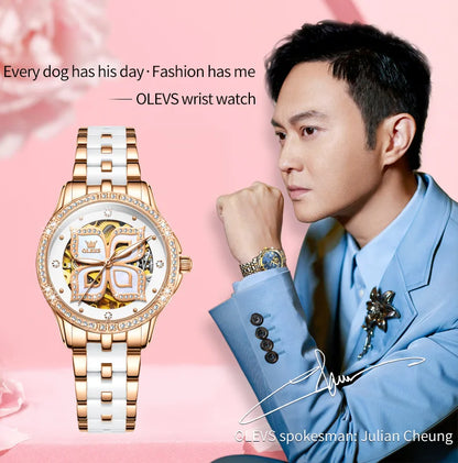 OLEVS 6612 Womens Watch Elegant Fashion Bezel Ceramic Strap Original Mechanical Watch Waterproof Luminous Butterfly Dial Ladies