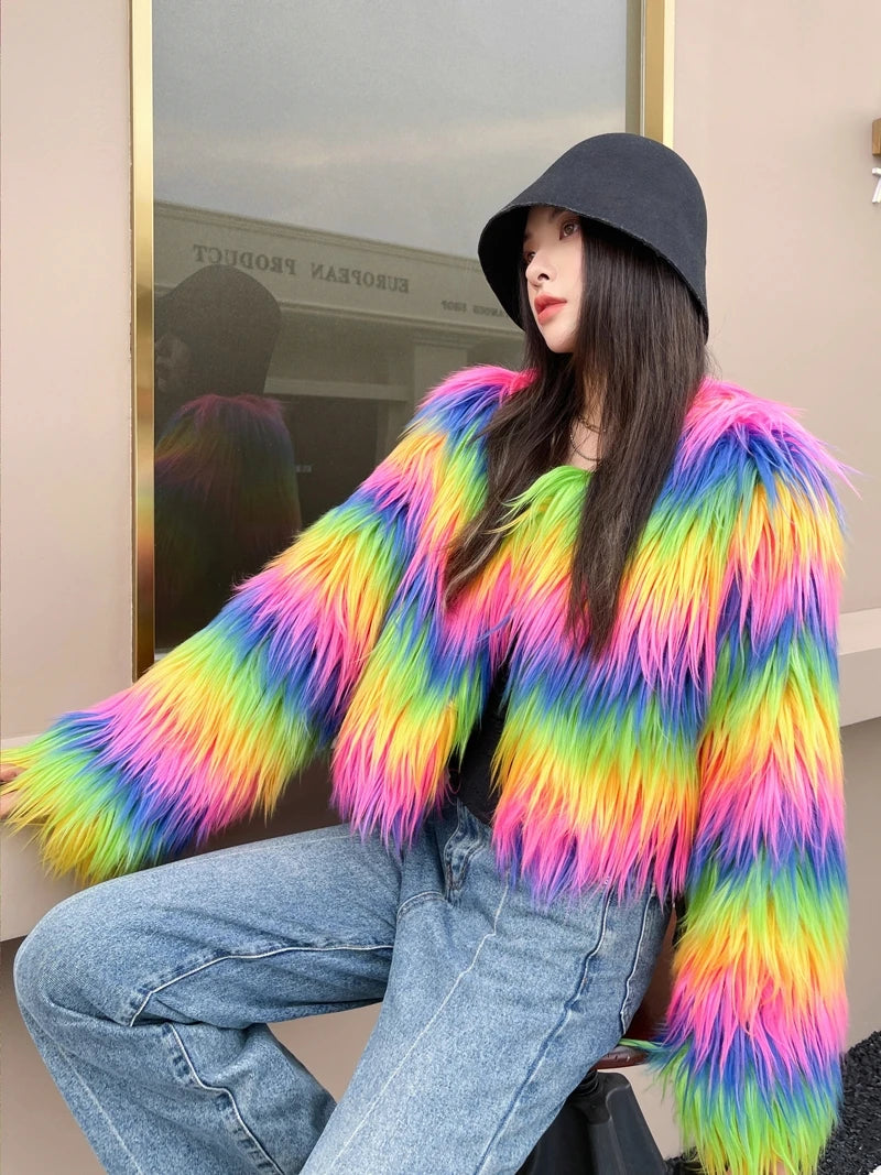 Women's Winter Rainbow Faux Fur Coat Lady Streetwear O Neck Long Sleeve Loose Fuzzy Warm Loose Outwear
