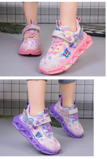 Disney Children's Sports Shoes Led Lights Sneaker Cartoon Frozen Princess  Elsa PU Leather Girls' Pink Children's Running Shoes