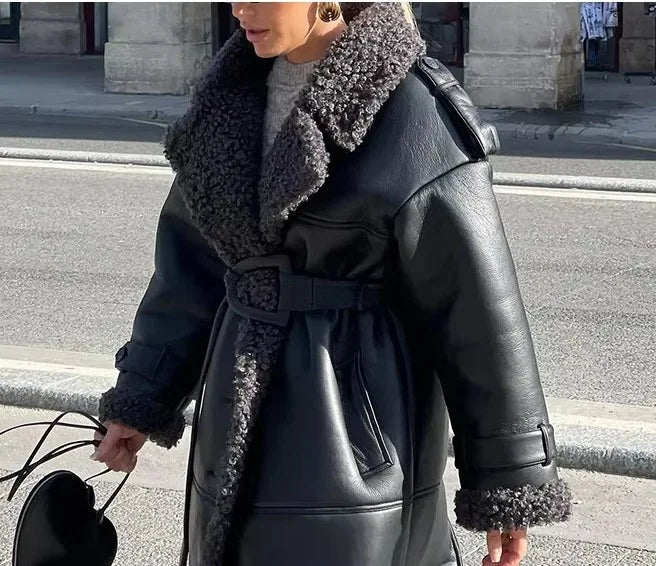 Faux Fur Leather Long Jacket Women Lapel Long Sleeve Belt Thicken Female Coats Winter Fashion Street Patchwork Lady Outwear