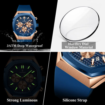 POEDAGAR Business Quartz Men's Wristwatch Chronograph Date Silicone Strap Man Watch Waterproof Military Luminous Watches For Men