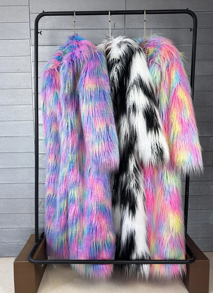 DEAT 2025 Winter New Items Imitation Colorful Long Coat For Women Faux Fur Suit Collar Long Sleeve Trench Jacket Female 11A05577