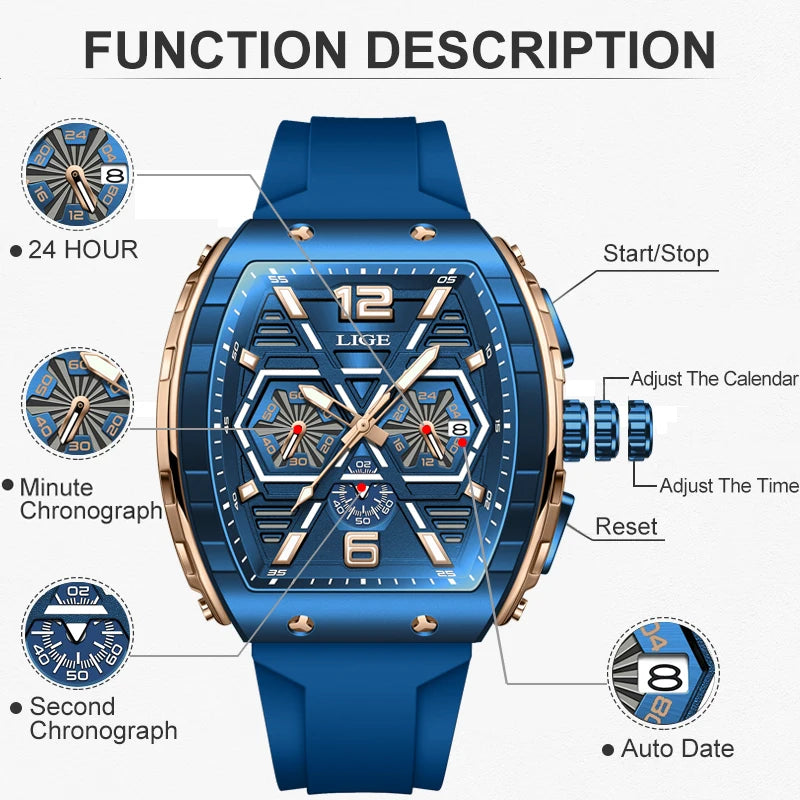 LIGE New Strong Luminous Watch For Men Fashion Military Square Watch Men Sport Chronograph Waterproof Watches Reloj Hombre+BOX