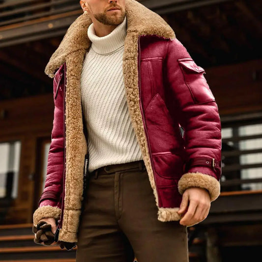 Faux Fur Faux Leather Men Jacket Vintage Lapel Thickened Plush Lining Winter Men Jackets Furry Coldproof Keep Warm Winter Coat