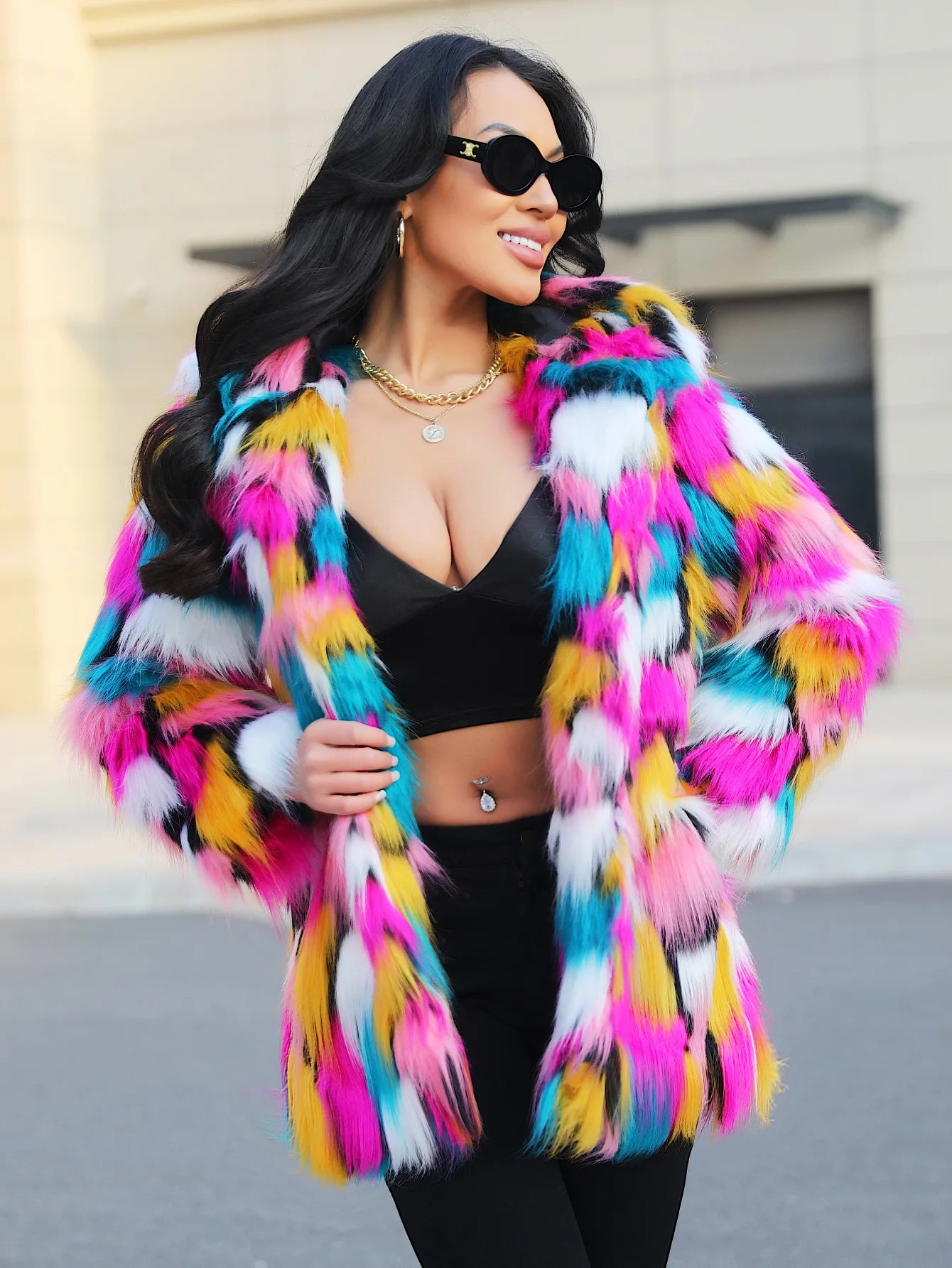 Women's Bold Warm Faux Fur Jacket Thicken Hooded Hidden Button Casual Loose Soft Color Blocking Outwear Winter Chic  Coat