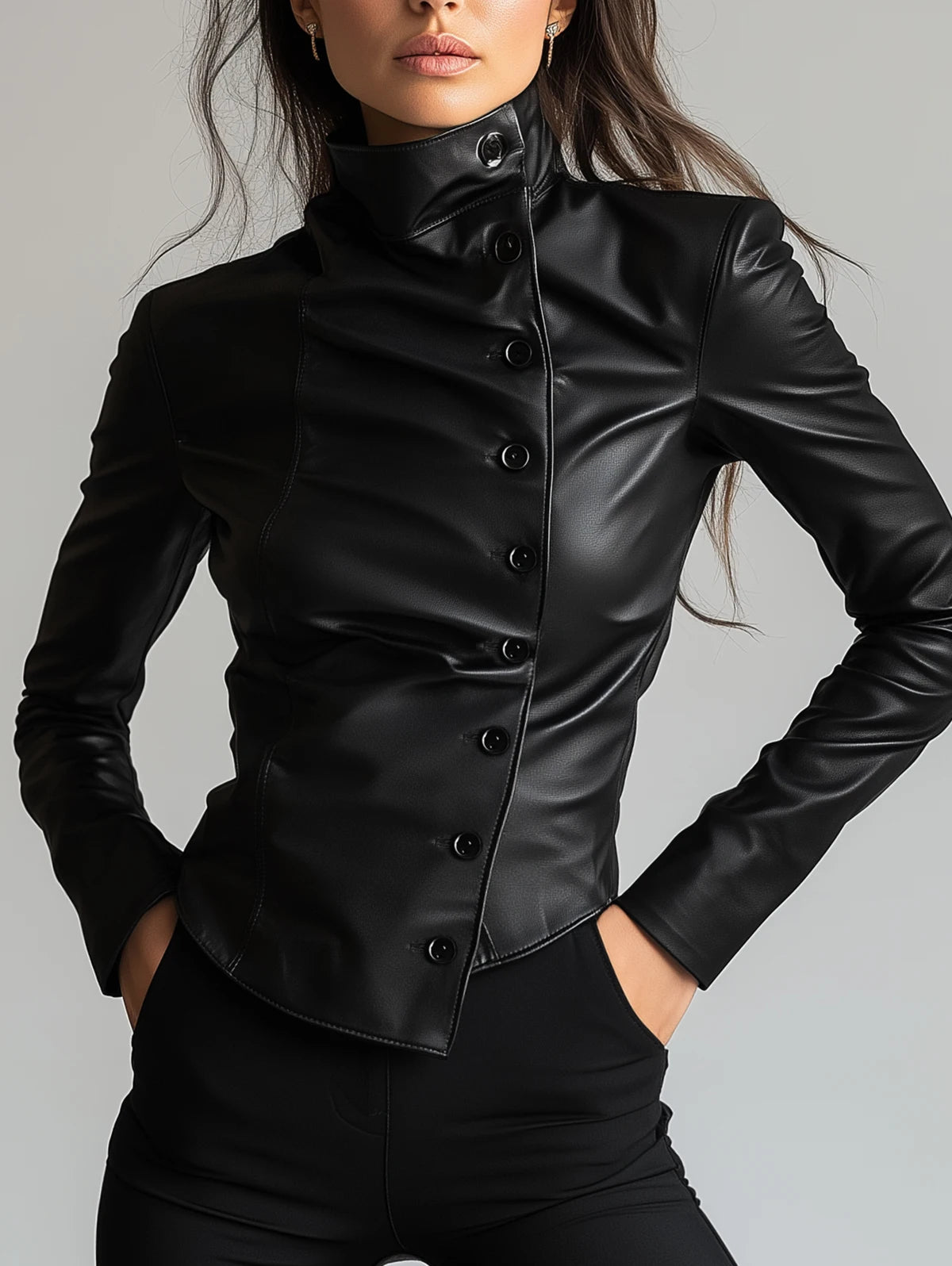 Women's PU Leather High Neck Slant Button Long Sleeve Jacket Black Slim Fit PU Clothes Streetwear Windproof Motorcycle Clothing