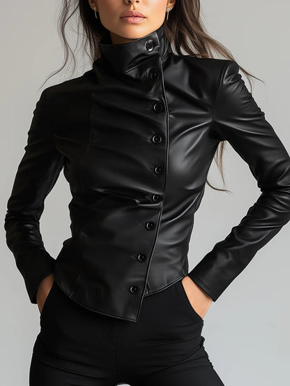 Women's PU Leather High Neck Slant Button Long Sleeve Jacket Black Slim Fit PU Clothes Streetwear Windproof Motorcycle Clothing