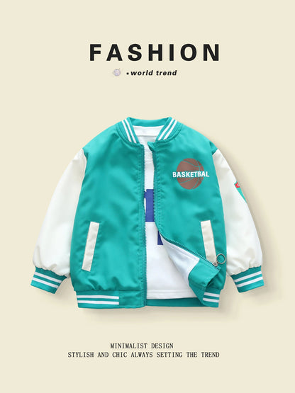Spring - Autumn Boys' Baseball Jackets with Basketball Pattern, Suitable for 3 - 10 Year Olds, Unhooded Style