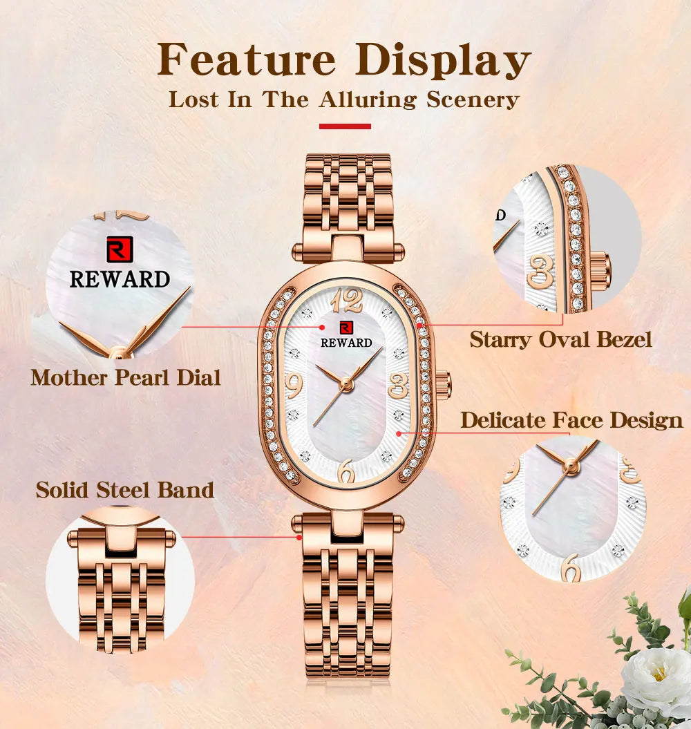 REWARD Exquisite Minimalist Women Watch Luxury Fashion Stain Steel Ladies Waterproof Quartz Wristwatch Rose Gold Female Clock