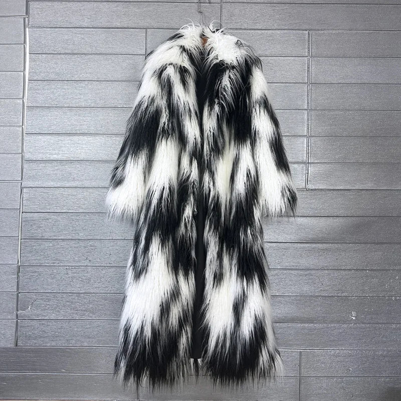 DEAT 2025 Winter New Items Imitation Colorful Long Coat For Women Faux Fur Suit Collar Long Sleeve Trench Jacket Female 11A05577