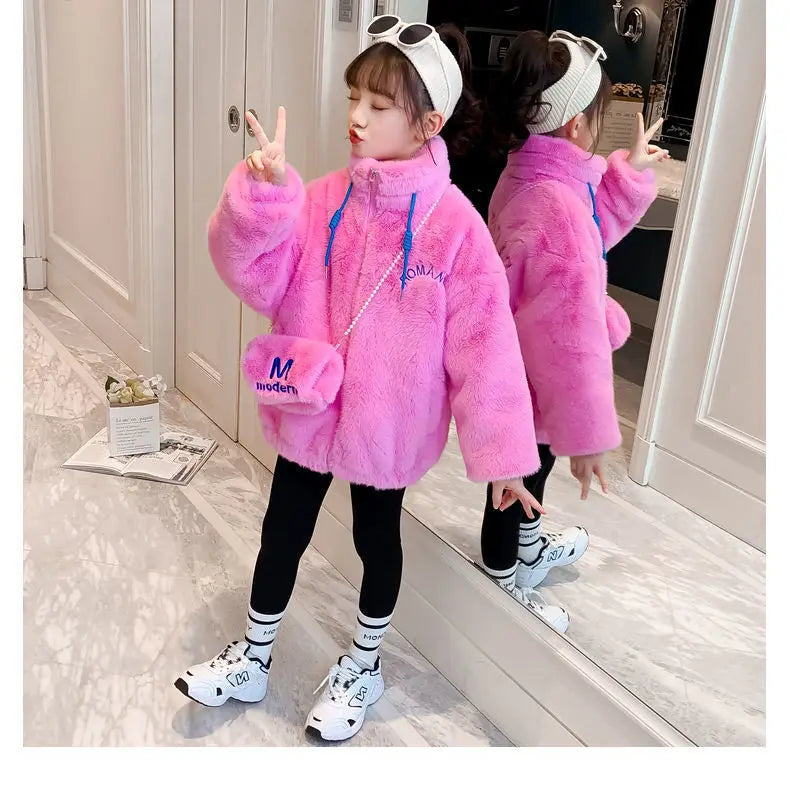 Fake Fur Girls Jacket Winter New Solid Color Letter Print Padded Lining Thick Warm Plush Coats For 5-12Y Kids Fashion Overcoat