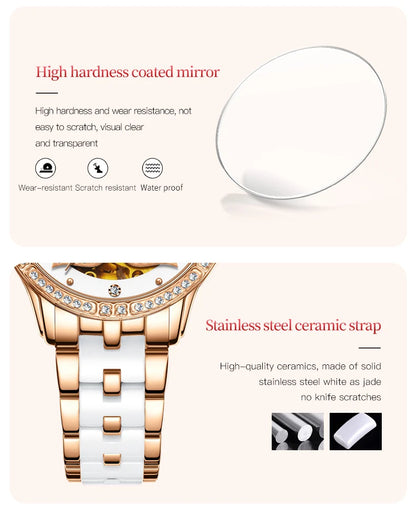 OLEVS 6612 Womens Watch Elegant Fashion Bezel Ceramic Strap Original Mechanical Watch Waterproof Luminous Butterfly Dial Ladies