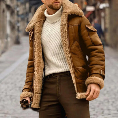 Faux Fur Faux Leather Men Jacket Vintage Lapel Thickened Plush Lining Winter Men Jackets Furry Coldproof Keep Warm Winter Coat