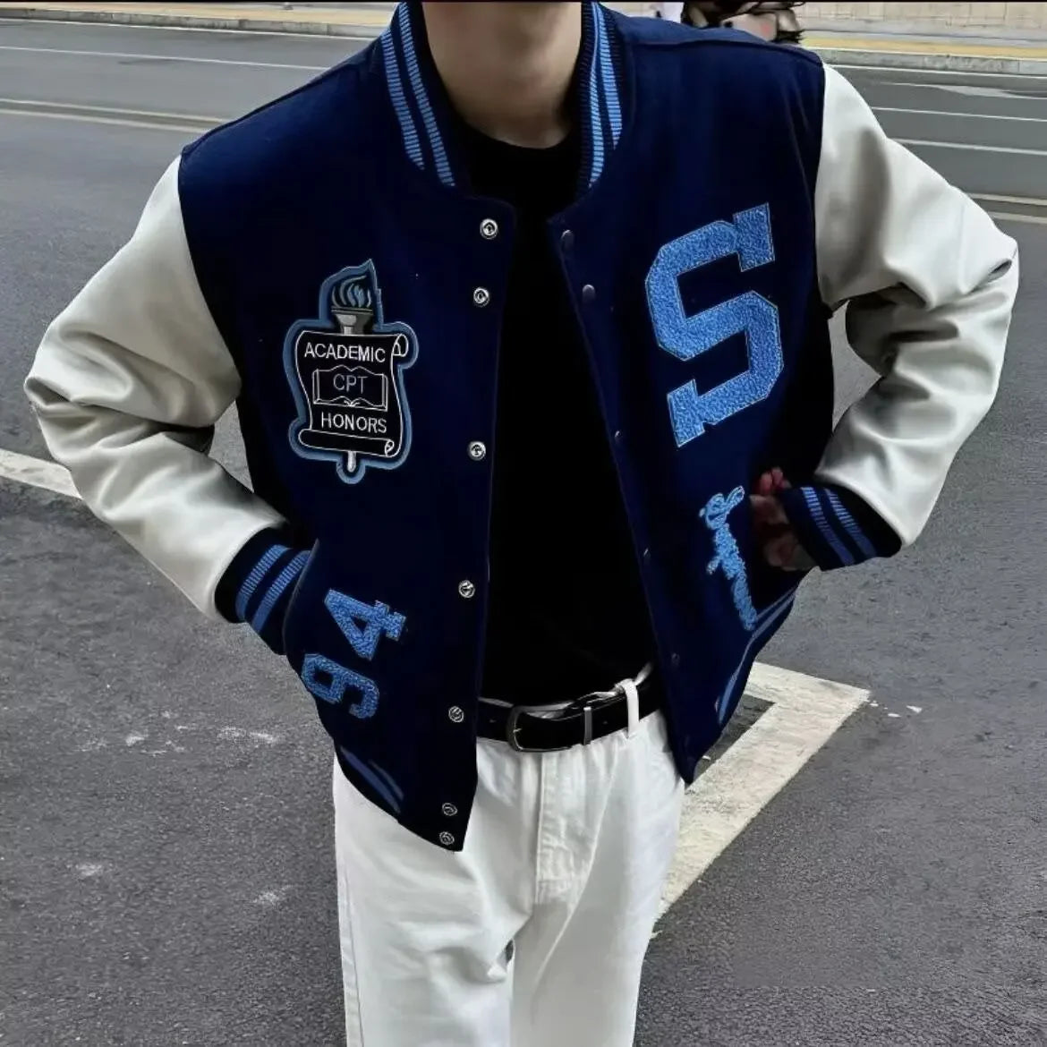 Embroidery Baseball Jacket for Men Streetwear Varisity Jacket Splicing PU Leather Sleeves Women Bomber Jacket Unisex Men Clothes