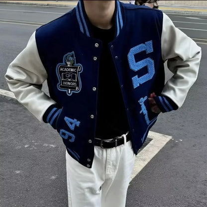Embroidery Baseball Jacket for Men Streetwear Varisity Jacket Splicing PU Leather Sleeves Women Bomber Jacket Unisex Men Clothes