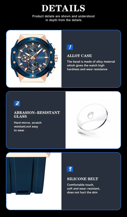 CURREN Fashionable Sports Multifunctional Chronograph Quartz Watch with Silicone Strap Creative Design Dial Luminous Hands