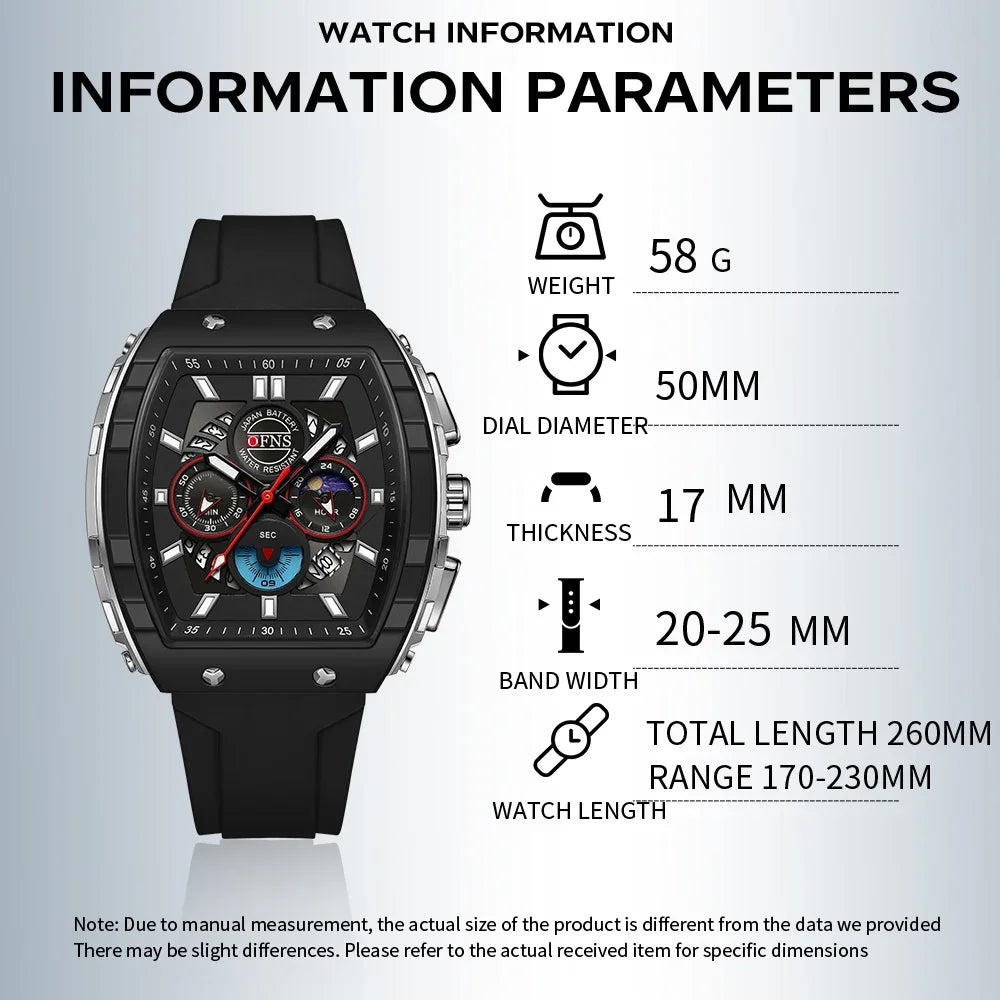 OFNS Fashion Quartz Watches for Man Luminous Waterproof Chronograph Calendar Silicone Strap Outdoor Luxury Sports Men Watch