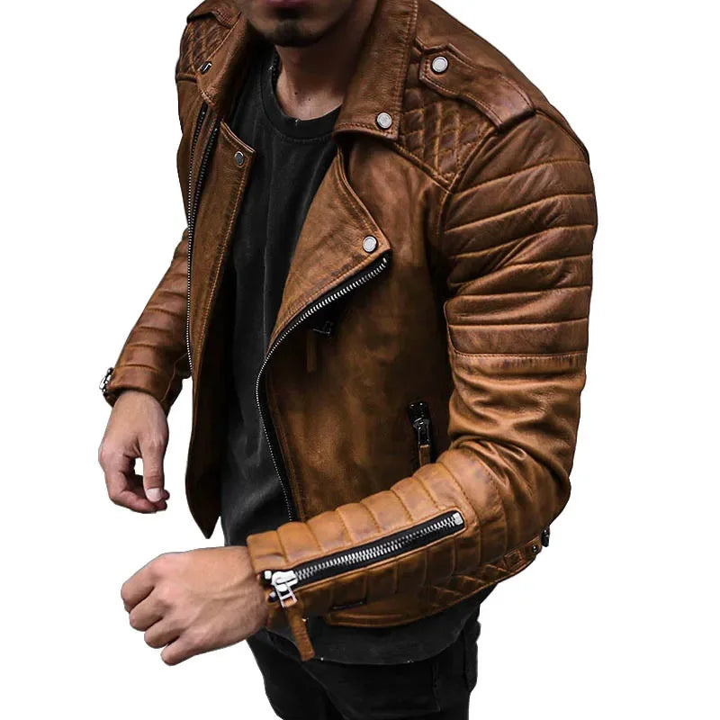 Fashion Leather Coat Men Spring Autumn  Slim Lapel Locomotive Men Leather Jacket Solid Color Long Sleeve PU Brown Leather Jacket