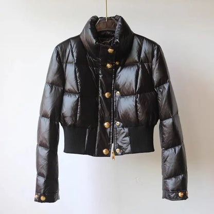 High-end Korean Short Winter Jacket Women Stand-up Collar Warm Parka Puffer Jacket Light Coat Outdoor Windproof Outerwear Button