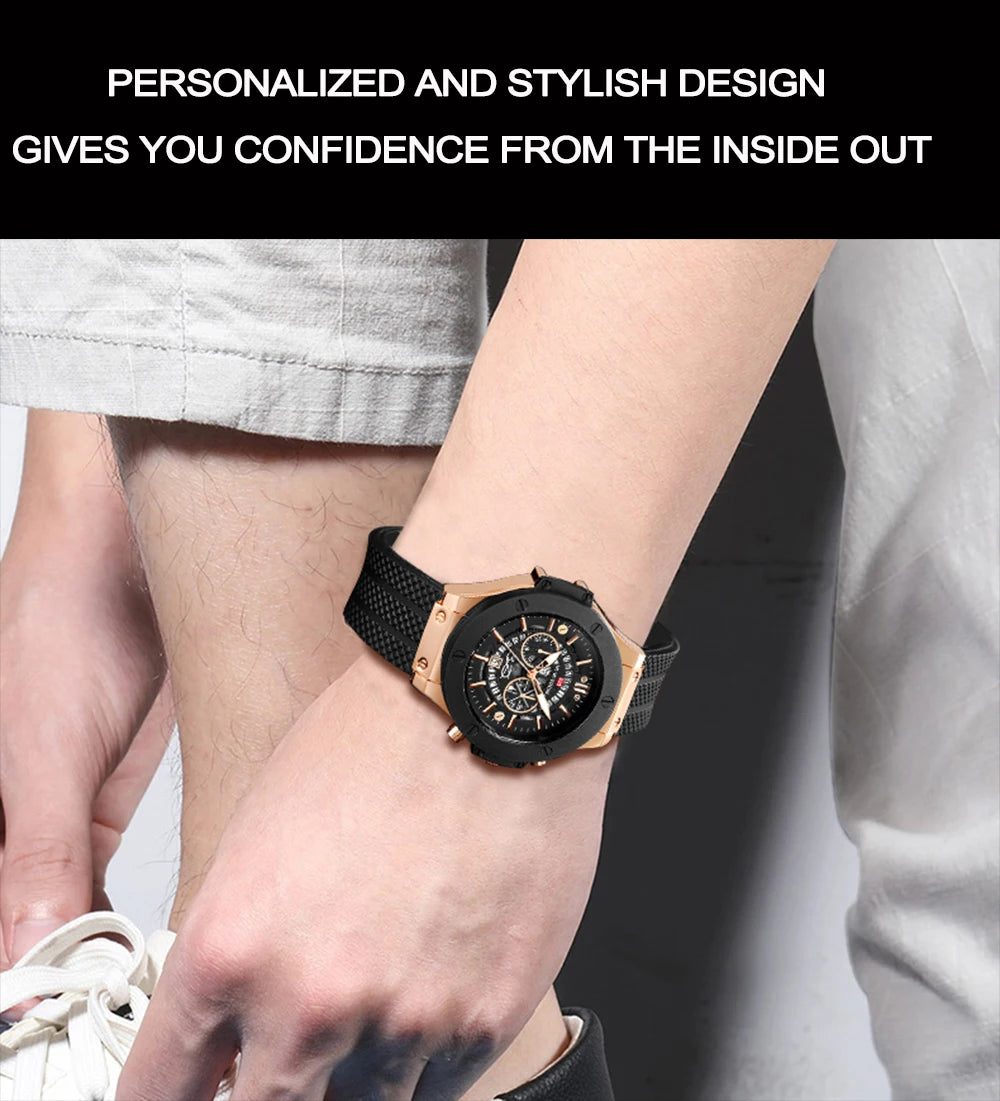 Black Silicone Mens Hand 46mm Hollowed Out Large Dial Rose Gold Fashionable Military Style Original Quartz Movement Sports Watch