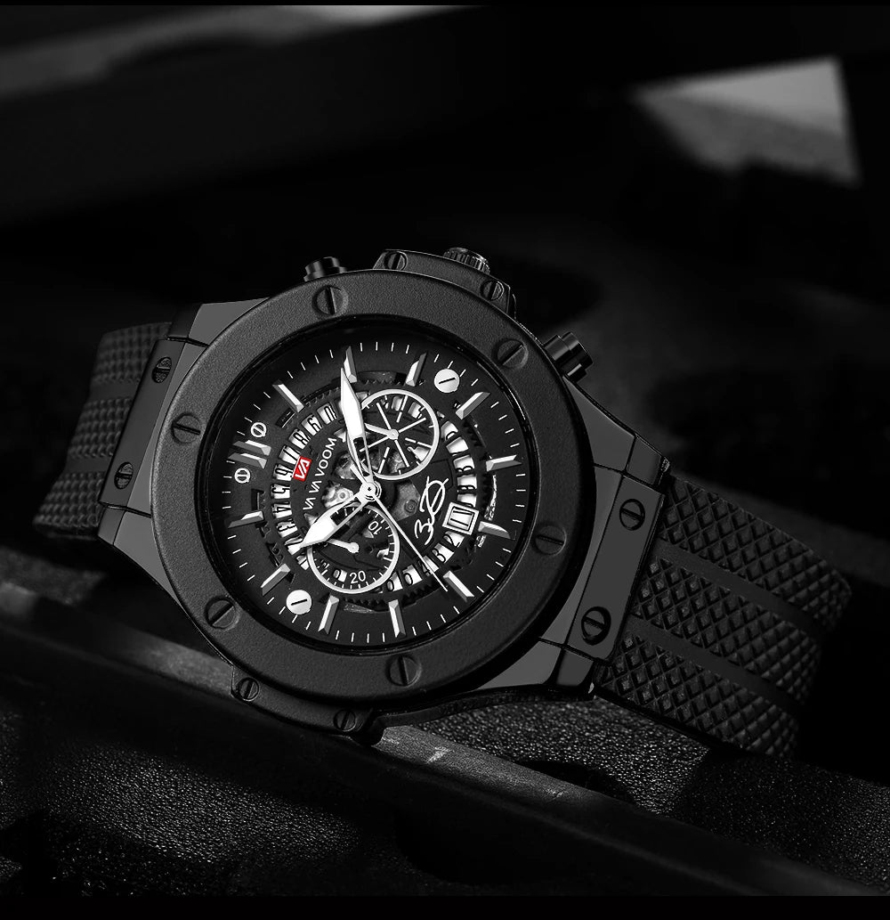 Black Silicone Mens Hand 46mm Hollowed Out Large Dial Rose Gold Fashionable Military Style Original Quartz Movement Sports Watch