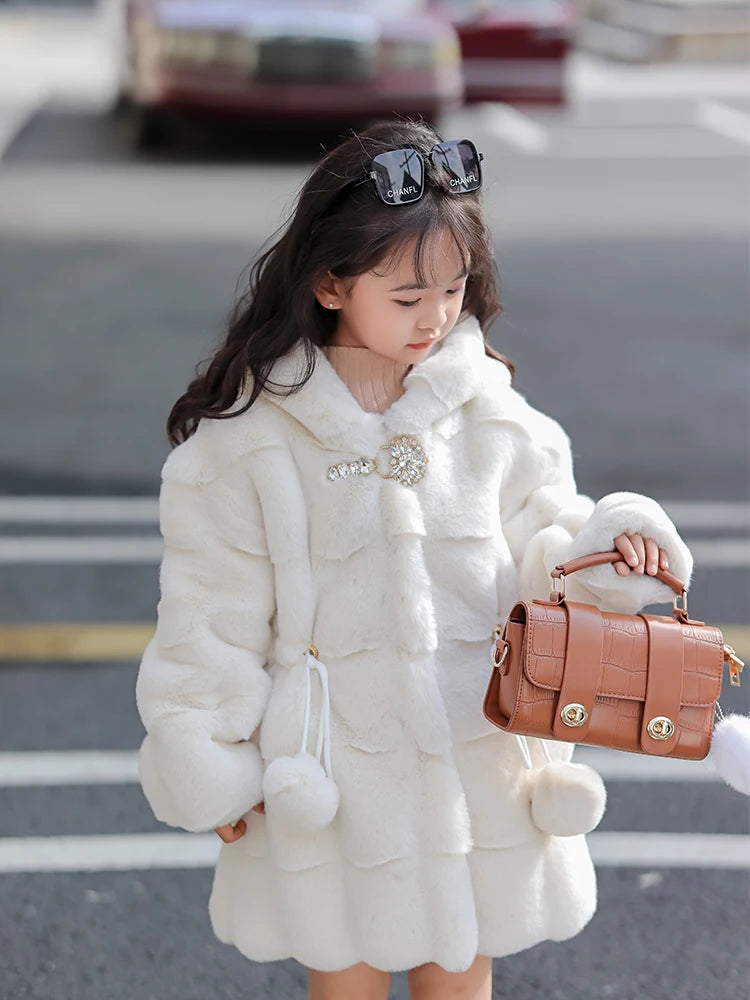 Girls Faux Mink Fur Coat Winter Children Girls Long Sleeve Hooded Christmas Jacket Super Warm  Kids Girls Coat Girls Outerwear