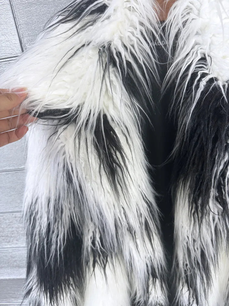 DEAT 2025 Winter New Items Imitation Colorful Long Coat For Women Faux Fur Suit Collar Long Sleeve Trench Jacket Female 11A05577