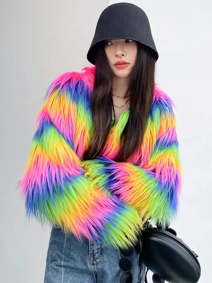 Women's Winter Rainbow Faux Fur Coat Lady Streetwear O Neck Long Sleeve Loose Fuzzy Warm Loose Outwear