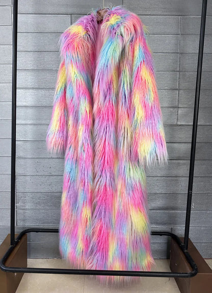 DEAT 2025 Winter New Items Imitation Colorful Long Coat For Women Faux Fur Suit Collar Long Sleeve Trench Jacket Female 11A05577