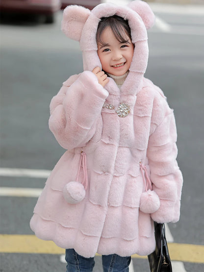 Girls Faux Mink Fur Coat Winter Children Girls Long Sleeve Hooded Christmas Jacket Super Warm  Kids Girls Coat Girls Outerwear