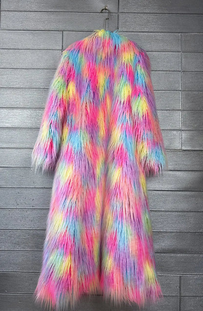 DEAT 2025 Winter New Items Imitation Colorful Long Coat For Women Faux Fur Suit Collar Long Sleeve Trench Jacket Female 11A05577