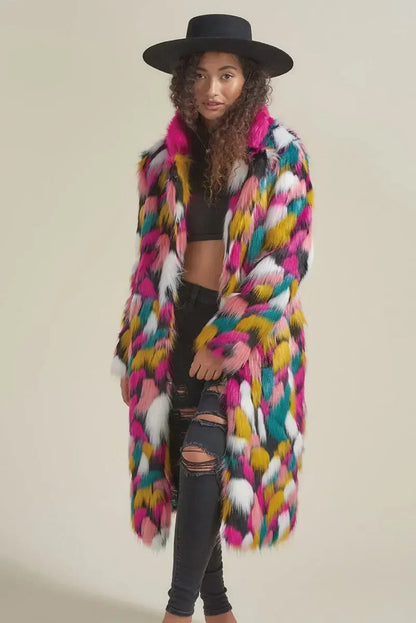 Women Faux Fur Long Coat Rainbow Colorful Faux Fox Fur Autumn Winter Lady Fashion Street Warm Quality 2023 Cloth Lugentolo