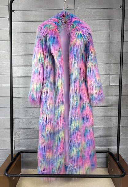 DEAT 2025 Winter New Items Imitation Colorful Long Coat For Women Faux Fur Suit Collar Long Sleeve Trench Jacket Female 11A05577