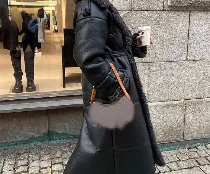 Faux Fur Leather Long Jacket Women Lapel Long Sleeve Belt Thicken Female Coats Winter Fashion Street Patchwork Lady Outwear