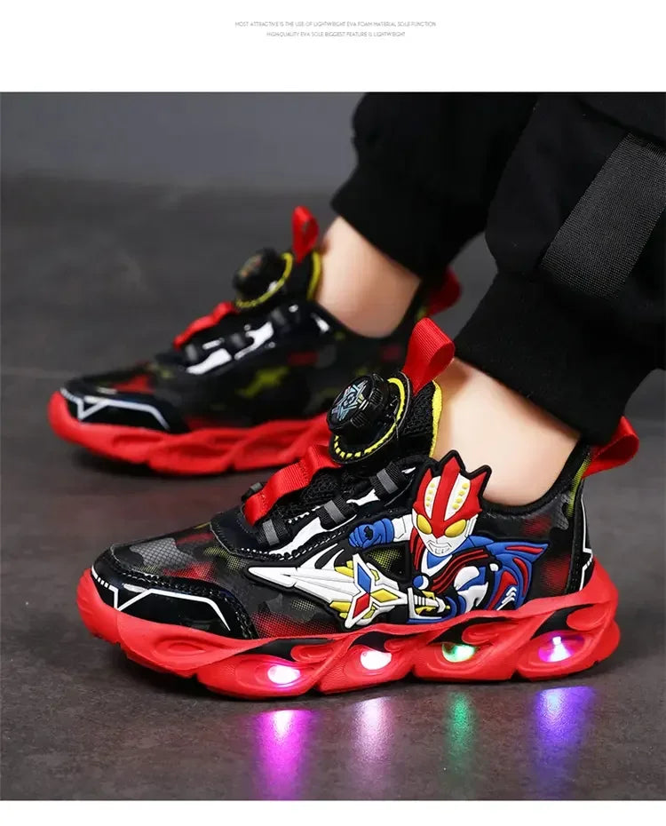 Boys Girls Sneakers Boots LED Footwear Luminous For Kids Light Button Lock Laces Shoes Cartoon Children's Baby Kids