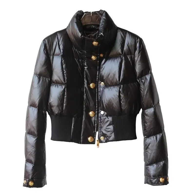 High-end Korean Short Winter Jacket Women Stand-up Collar Warm Parka Puffer Jacket Light Coat Outdoor Windproof Outerwear Button