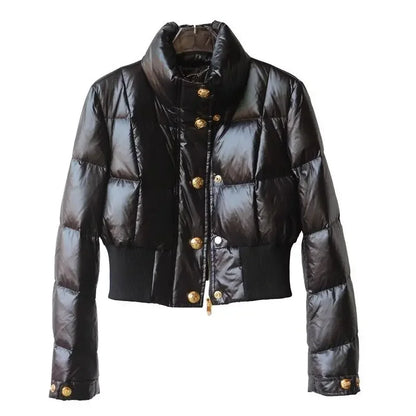 High-end Korean Short Winter Jacket Women Stand-up Collar Warm Parka Puffer Jacket Light Coat Outdoor Windproof Outerwear Button