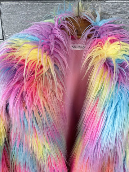 DEAT 2025 Winter New Items Imitation Colorful Long Coat For Women Faux Fur Suit Collar Long Sleeve Trench Jacket Female 11A05577