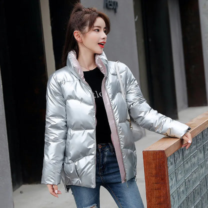 Glossy Down Women's Cotton Jacket Winter Slim Fit Stand Collar Parka Jacket Woman Casual Zipper Up Thick Warm Parkas Mujer