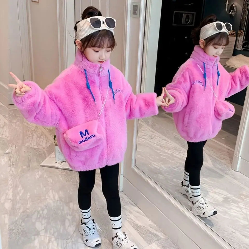 Fake Fur Girls Jacket Winter New Solid Color Letter Print Padded Lining Thick Warm Plush Coats For 5-12Y Kids Fashion Overcoat