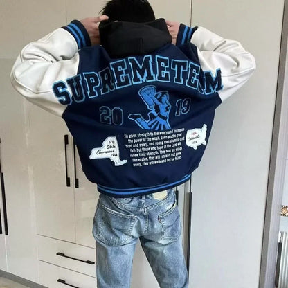 Embroidery Baseball Jacket for Men Streetwear Varisity Jacket Splicing PU Leather Sleeves Women Bomber Jacket Unisex Men Clothes
